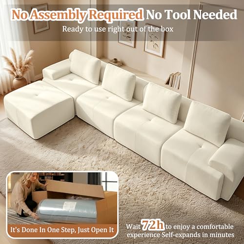 Image of 159 inch L Shaped Oversized Boneless Couch, Comfort Cloud Sectional Couches for Living Room, Modular Sofa High Back & Extra Deep Seat, No Assembly, Chenille (Warm White, 159 inch-L Shaped(4+1))