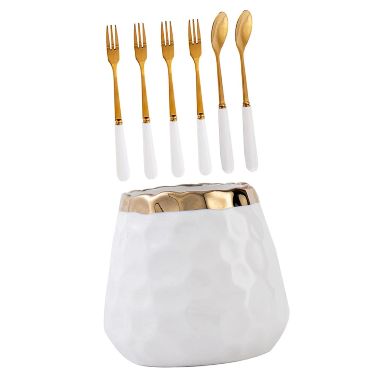 Cuillères dessert acier inoxydable avec pot de rangement céramique pour table de cuisine