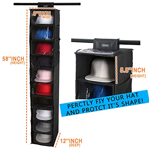 Stevoy Hat Organizer For Baseball Caps, Hat Rack With Dust Shield And Side Pockets, 10 Shelf Hanging Closet Hat Shelf For Shoe & Cap Storage, Dust Proof Hat Holder & Cap Organizer #TOP3
