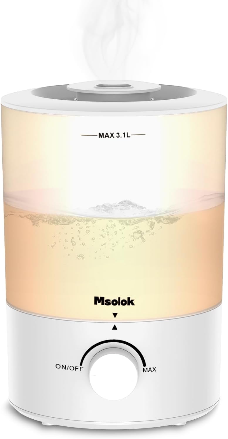 MsolokHumidifiers for Bedroom, Cool Mist Top Fill Essential Oil Diffuser with 25Watt for Home Large Room, 360° Nozzle, Rapid Ultrasonic Humidification for Baby Nursery and Plant(3.1L)