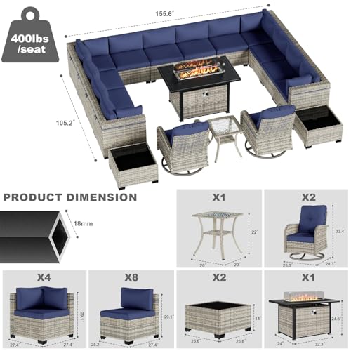 Image of 18-Piece Patio Furniture Set, Outdoor Patio Furniture with 55,000 BTU Fire Pit Table, Swivel Chairs Set, Thick Cushions, Modular Patio Sofa, Dual-Strand Wicker Rattan, Rust-Resistant Frame,Navy Blue