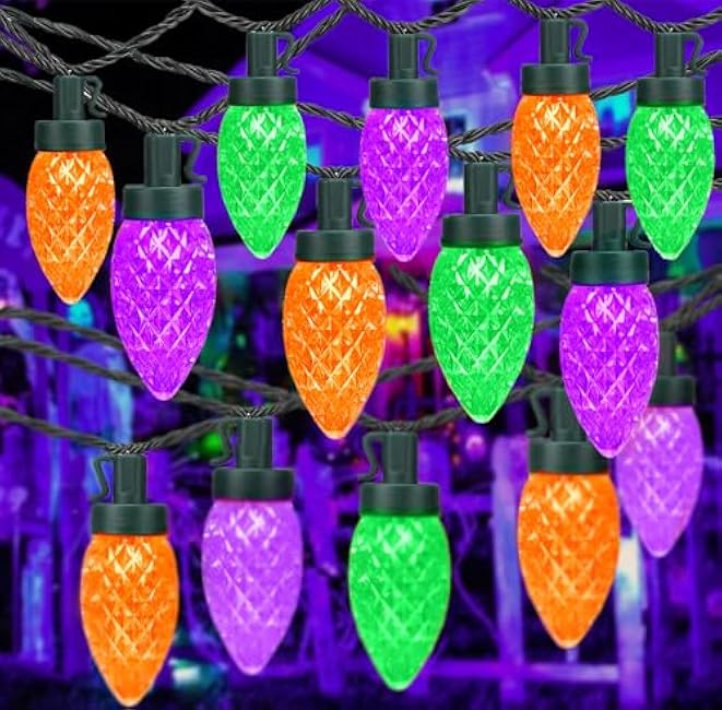 KAQ 2PK 100LED Orange Purple and Green C9 Halloween Lights Waterproof Indoor Outdoor, Extendable 98FT String Lights Plug in with 13 Lighting Modes, Halloween Decorations for Party, Outside Yard Decor