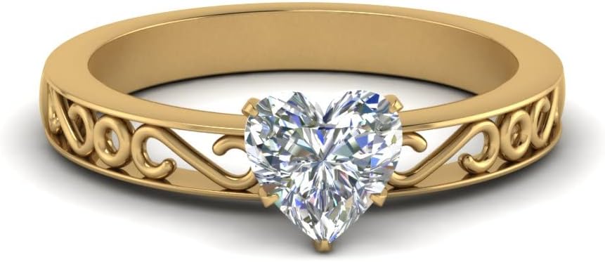 Choose Your Gemstone Filigree Single Stone Ring Yellow Gold Plated Heart Shape Solitaire Engagement Rings Everyday Jewelry Wedding Jewelry Handmade Gifts for Wife US Size 4 to 12