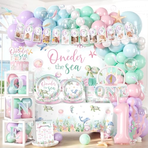 Fexivo 258 PCS Oneder The Sea Party Decorations Girl Hassle-Free One-stop Set for 25 Guests with Balloon Banner Backdrop Plates and Napkins Easy Setup for Girls First Birthday