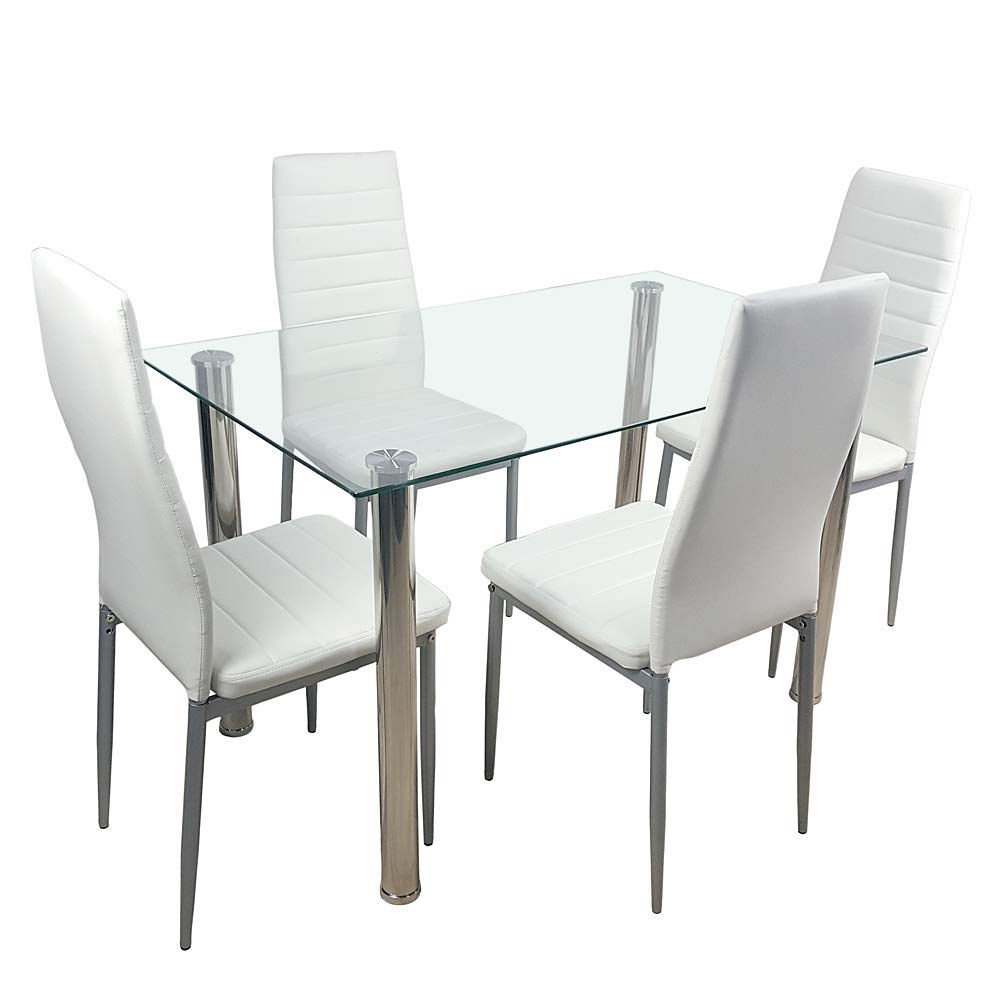 Simply-ME5 Pieces Dining Table Set Modern Tempered Glass Dining Room Table Kitchen Table Furniture,Dining Table and 4 PU Leather Chairs,White