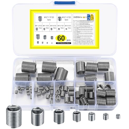 60 Pièces de Inserts de Filetage Auto-taraudant, Réparation de Filetage Helicoil, Ensemble de Réparation de Filetage, Ensemble de Filetage Interne M3 M4 M5...