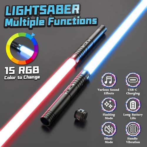 MOZC Laserschwert Kinder, 2-in-1 Lichtschwert mit 15 Farben, Duell Lightsaber mit 4 Modi und Sounds, USB-C Aufladbar Lichtschwerter, FX Laserschwert für Kinder Party, Geschenk, Cosplay(Schwarz)