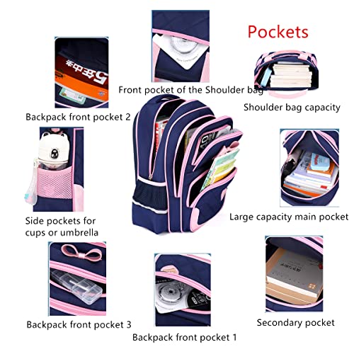 Image of VIDOSCLA School Bags for Girls 2Pcs Backpack Elementary Bookbag Sets, A79#2pcs Deep Blue-s, Small, Classic | Bowknot