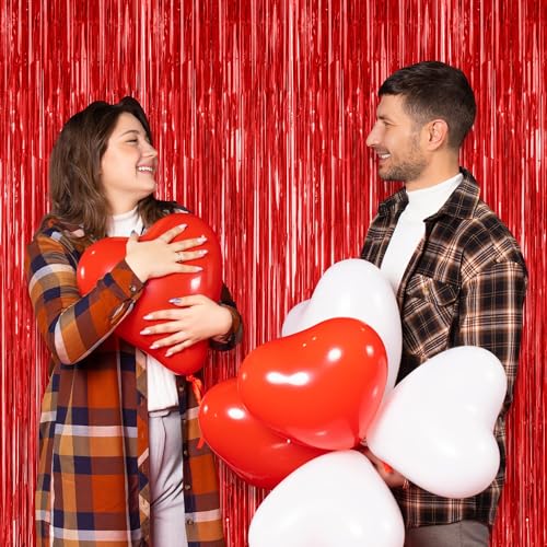 Image of ZATAYE 2 Pack Red Foil Curtain Backdrop Birthday Party Decorations | Red, Metallic Foil, 3.28 x 7.05 FT, Tinsel Backdrop, Foil Curtain Streamer, Valentines Christmas Party
