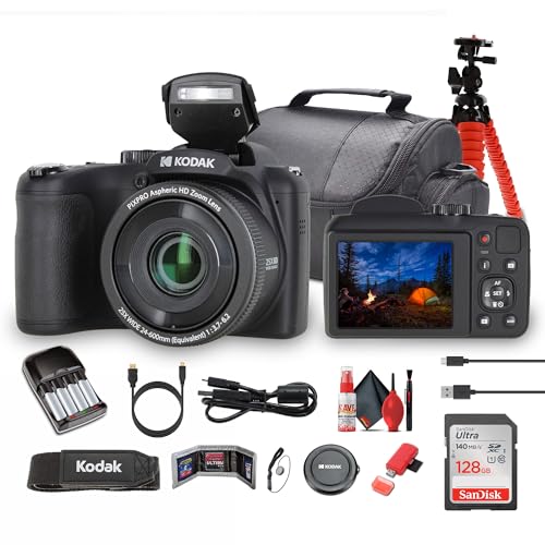 Kodak Pixpro AZ255 Digital Camera in Black (AZ255BK) Bundle Including: 128 GB Memory Card Rechargeable Batteries Case Flexible Tripod Neck Strap Lens Caps Full Cleaning Kit More Accessories