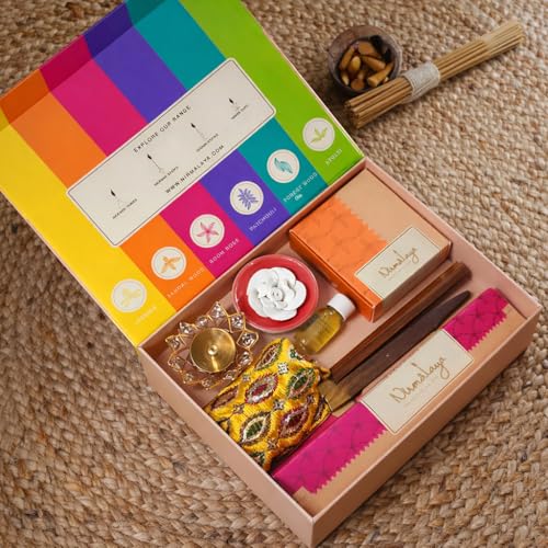Image of Nirmalaya Premium 100% Organic Gift Box | Incense Cones, Dhoop Sticks, Havan Cups, Crystal Brass Diya, Essential Oil Diffuser, Incense Sticks with Wooden Stand & Potli | Spiritual Pooja Gift Set