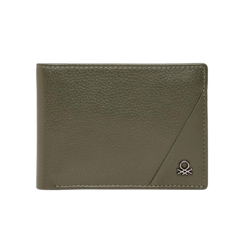Image of United Colors of Benetton Men's Minimalist Leather Slimfold Wallet Gladbeck - Olive | Thin Bifold with 8 Card Slots & 2 Compartments | Stylish Purse of Gents