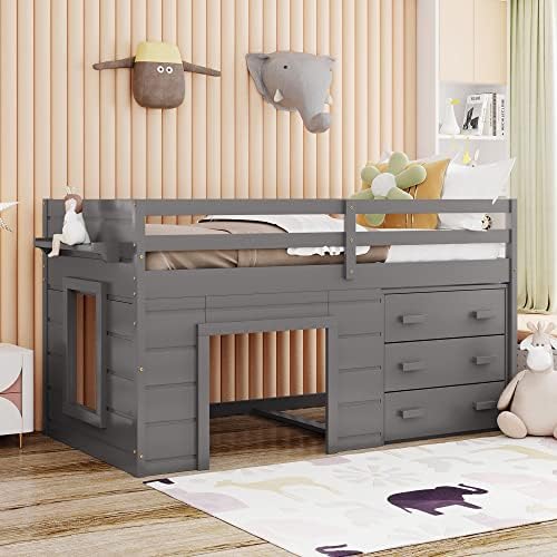 SOFTSEA Low Loft Bed with Cabinet for Kids Twin House Loft Bed with Built-in Ladder Playhouse Bed (Gray, loft)