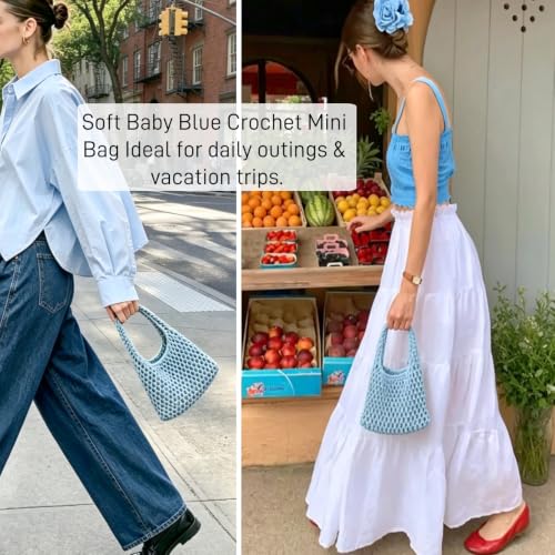 Image of Mini Clutch Handbag Fishing Net Bucket Bag Cotton Rope Crochet Drawstring Woven Beach Bag Small Tote for Women Girls