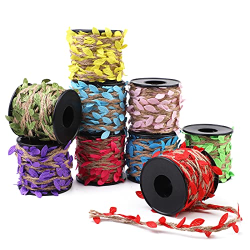 9 Rolls Burlap Leaf Ribbon(295Feet), Natural Jute Twine with Artificial Leaves, Leaf Ribbon Trim Rope for Garland DIY Crafts and Party Wedding Home Decorations