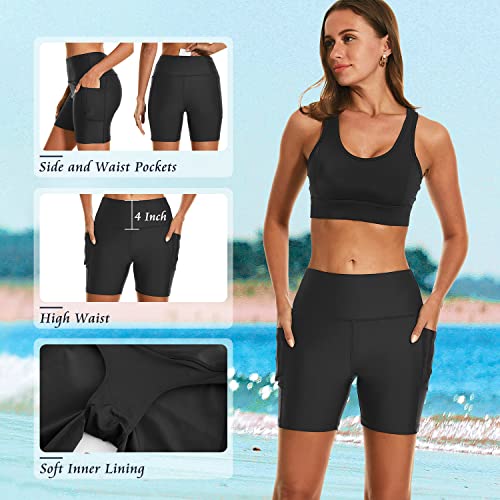 Hodosports Women'S 5'' Swim Shorts Upf 50+ High Waisted Board Shorts With Pockets Liner Quick Dry Swimsuit Bottoms Black L thumb #3