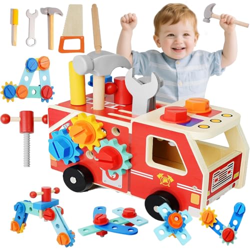 Werkzeugkoffer Kinder, Montessori Werkzeug Holzspielzeug Spielzeug ab 2 3 4 Jahre, Kinderwerkzeug Werkzeugwagen, Werkzeuggürtel Koffer Lernspiele Geschenk Junge Mädchen