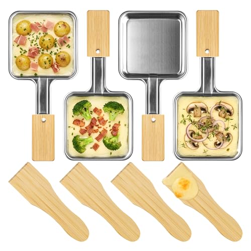 KOSMOSTA Mini griglia per raclette in acciaio inox, forma quadrata, senza rivestimento, mini padella di ricambio per raclette con spatole in bambù (4 pezzi/set)