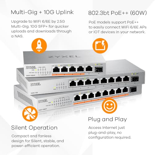 Image of Zyxel 5 Port Network Switch | 2.5Gb Multi Gigabit Switch | Unmanaged | 5X 2.5G, 1x 10G SFP+ | Plug and Play Easy Installation | Fanless | Desktop Ethernet Splitter | TAA Compliant | XMG-105