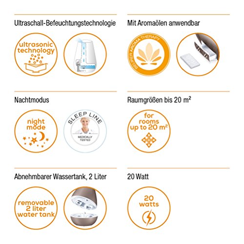 Beurer LB 37 luchtbevochtiger met microfijne ultrasone verstuiving, stille nachtmodus, aromafunctie, toffee - Afbeelding 3
