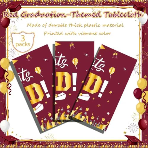 Image of OQOQ Graduation Decorations 2026 Tablecloth (Red,3 Packs), 54x108 Inches 2026 Graduation Congats Party Decorations Plastic Red Table Cloth Disposable Table Cover