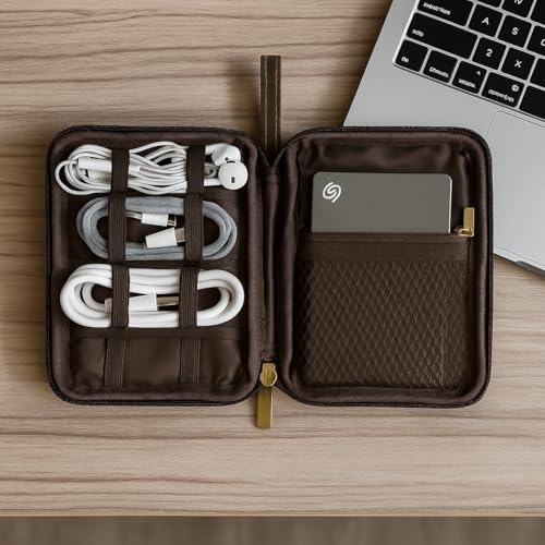 Image of Goatter Genuine Leather Tech Organizer for Travel and Daily Use, Portable Gadget Organiser, Cable Organizer, Multipurpose Pouch (Coffee Brown)