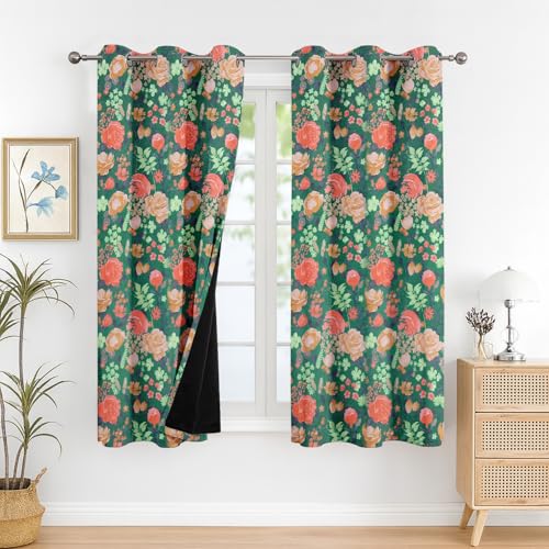 Image of Cloth Fusion Printed 100% Blackout Window Curtains 5 Feet Long Set of 2, Room Darkening Parda with Stainless Steel Grommets for Home Decor (5x4.5 Feet, Green Roses)