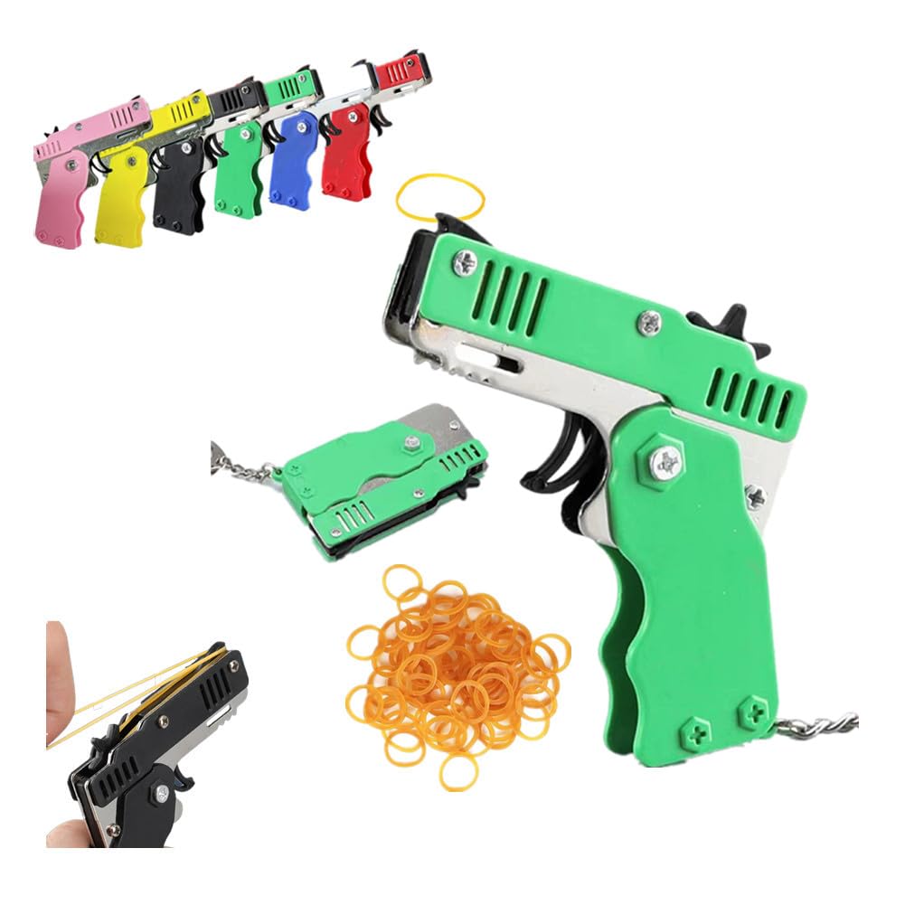 Mini Metal Burst Collapsible Rubber Band Gun Toy, Portable Rubber Belt Gun, Folding Rubber Launcher Toy, with 60 Pcs Soft Elastic Rubber Bands, Shooting Game Activities Gift