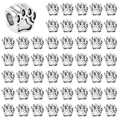 AUEAR Vintage Dog Paw Footprint Beads 11mm Puppy Big Hole Metal Charm for European Bracelet Jewelry Making Gifts Handmade (50 PCS Silver)