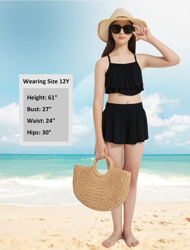 Image of EXARUS Girls Bikini 3 Pieces Bathing Suits Swimsuits Ruched Swimwear Mid Rise Beach Pool