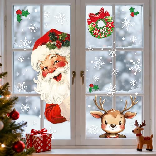 Whaline 6 Sheets Christmas Window Clings Window Decal Vintage Santa...