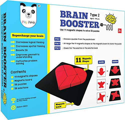 PLAY PANDABrain Booster Set 2 (Junior) - 56 Puzzles Designed to Boost Intelligence - with Magnetic Shapes, Magnetic Board, Puzzle Book and Solution Book - for 7 8 9 10 up to 15 Years, Blue