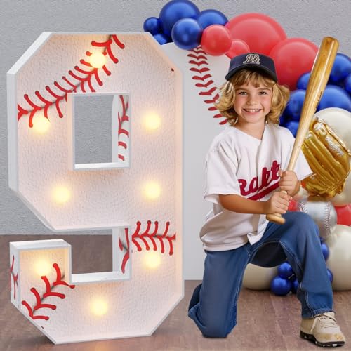 Image of Imprsv Baseball Birthday Decorations, 3ft Marquee Numbers 9 Party Decor