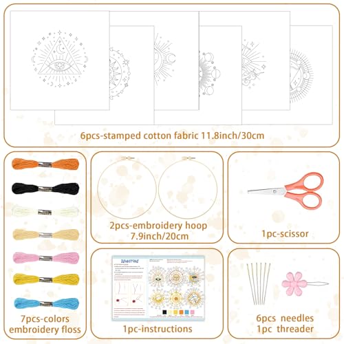 Image of BEUNITONE 6Set Tarot Embroidery Kit for Beginners with Dreamy Pre-print Patterns, DIY Craft Kits for Adults Women with Embroidery Hoops and Full Kits, Needlepoint Kits for Home Decor and Gifts 20x20cm