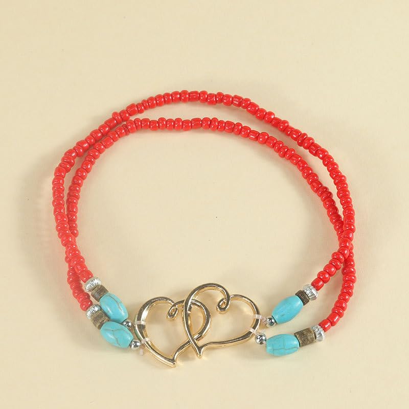 Image of Elastic Beaded Ankle Bracelets for Women Double Heart Layered Stretch Ankle Bracelets Waterproof Dainty Boho Beaded Anklets for Summer Beach Foot Jewelry