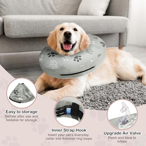 Image of SCENEREAL Dog Cone Alternative After Surgery Donut Collar, Soft Pet Recovery Pillow Collar for Medium Large Dogs, Inflatable Adjustable Neck Collars to Prevent Licking, Grey Footprints L