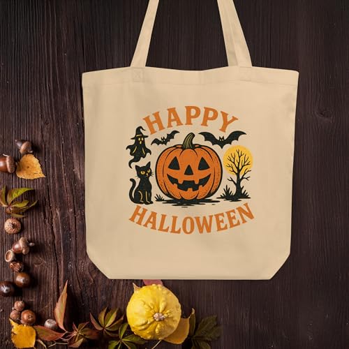 Vintage Happy Halloween Pumpkin, Black Cat, Ghost, and Bats – Organic Cotton Tote Bag3