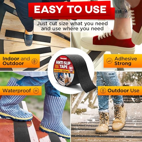 Image of Grip Tape - Heavy Duty Anti Slip Tape for Stairs Outdoor /Indoor Waterproof 4Inch x 50Ft Safety Non Skid Roll for Stair Steps Ramp Traction Tread Staircases Grips Adhesive Non Slip Strips Walk Black