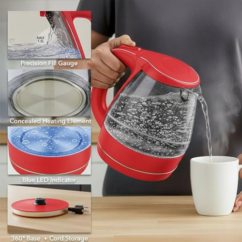 Image of OVENTE Electric Kettle, 1.5L Borosilicate Glass Countertop Water Heater and Boiler for Coffee or Tea, BPA-Free, Auto Shut-Off, Boil-Dry Protection, Removable and Washable Spout Filter, Red KG83R