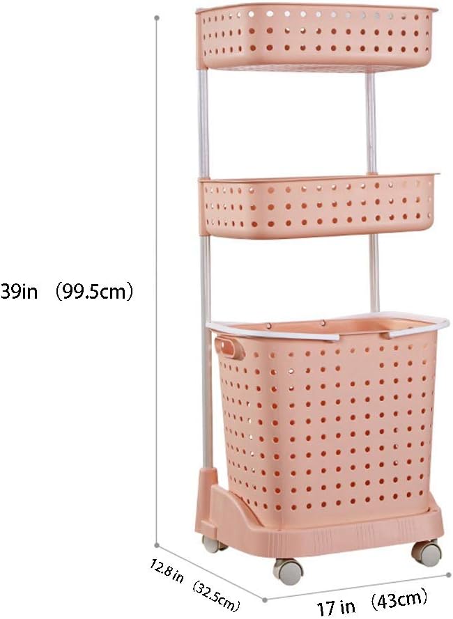 3-Tier Mobile Storage Cart,Bathroom Rolling Storage Shelves with Wheels and Removable Laundry Hamper Organizer Basket Standing Shelf Units For Bathroom and Laundry or Narrow Places,Pink