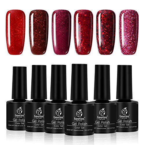 Beetles Gift Set Red Glitter Gel Polish Set - Burgundy Red Pack of 6 Colors Long Lasting, Soak Off UV LED Gel, 7.3 ml Each Bottle