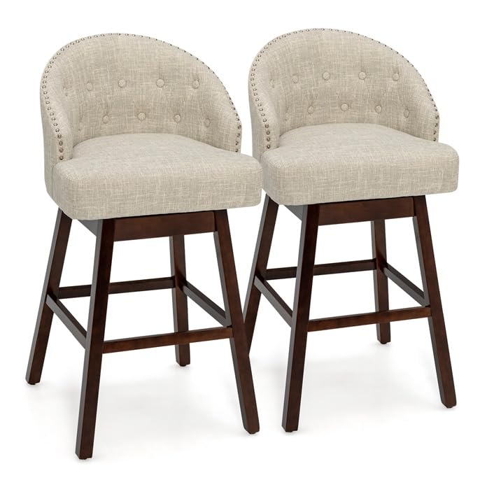COSTWAY Swivel Bar Stools, Kitchen High Stools with Rubber Wood Legs and Padded Back, Breathable Linen Fabric, Elegant Design and Rivet Decoration (Beige)