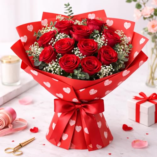 Image of Oasis - Pack of 10 Sheets Korean Style Waterproof Black Bouquet Wrapping Sheets (58cm x 58cm, 60 Microns) | Red Sketch Heart Design, Premium Giftwrap for Flowers & DIY Gift Wrapping Paper
