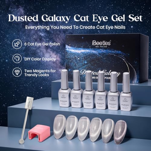 Image of Beetles Silver Cat Eye Gel Nail Polish Set, Dusted Galaxy 6 Colors Magnetic Glass, Crystal, Pearl, Reflective & Glitter Silver Cat Eye Gel Polish Set with 2 Magnets, DIY Color Card for UV