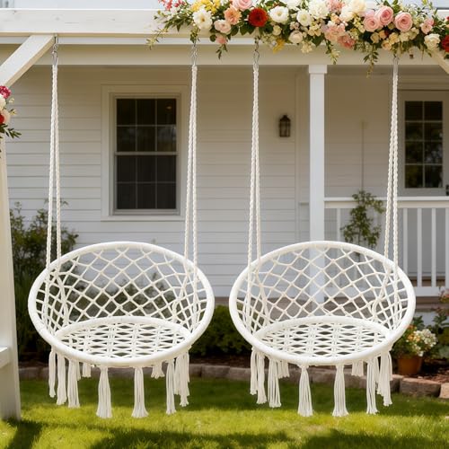 Image of Garpans Hammock Chair Swing Set of 2 Bohemian Style Macrame Hammock with Tassels Hanging Swing Chair Handmade Knitted Cotton Rope for Indoor Outdoor Bedroom Patio Max 330 LBS White