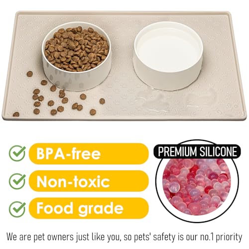 Napfunterlage für Hunde, Futtermatten für Hunde und Katzen rutschfeste Futtermatte aus Silikon - wasserdichte Unterlage mit Rand, spülmaschinenfest(M: 48×30cm, Beige)