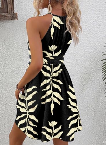 Image of BLENCOT Womens Summer Beach Halter Neck Dresses Casual Smocked A Line Floral Mini Dress with Pockets