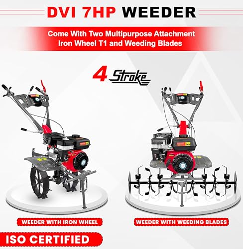 Image of DVI 7HP 4 Stroke Power Weeder with AIR Cooled Petrol Engine Suitable for Farm & Agriculture | Used for Weeding in All Types of Crops with High Carbon Metal Blades. (with Iron Wheel Type (1))
