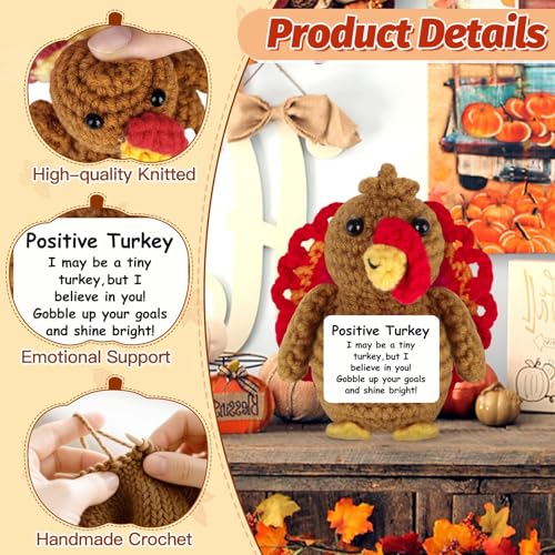 Thanksgiving Turkey Positive Crochet Gifts Emotional Support Crochet Turkey with Positive Card for Women Family Friend Inspirational Handmade Thanksgiving Birthday Gift for Fall Home Desk Basket Decor - Image 3