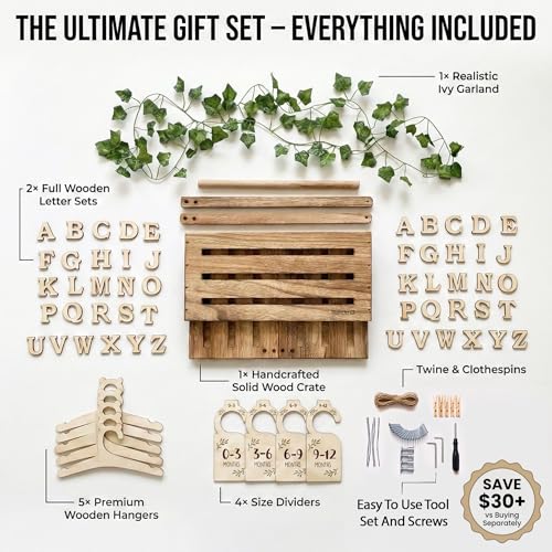 Image of Wooden Baby Shower Crate Closet & Basket with Hanger Rack - Customizable Gift Basket with 2x Alphabet Letter Sets, Hangers, Dividers, Ivy Garland,Nursery Decor Girls Boys(Rustic Burnt Wood)